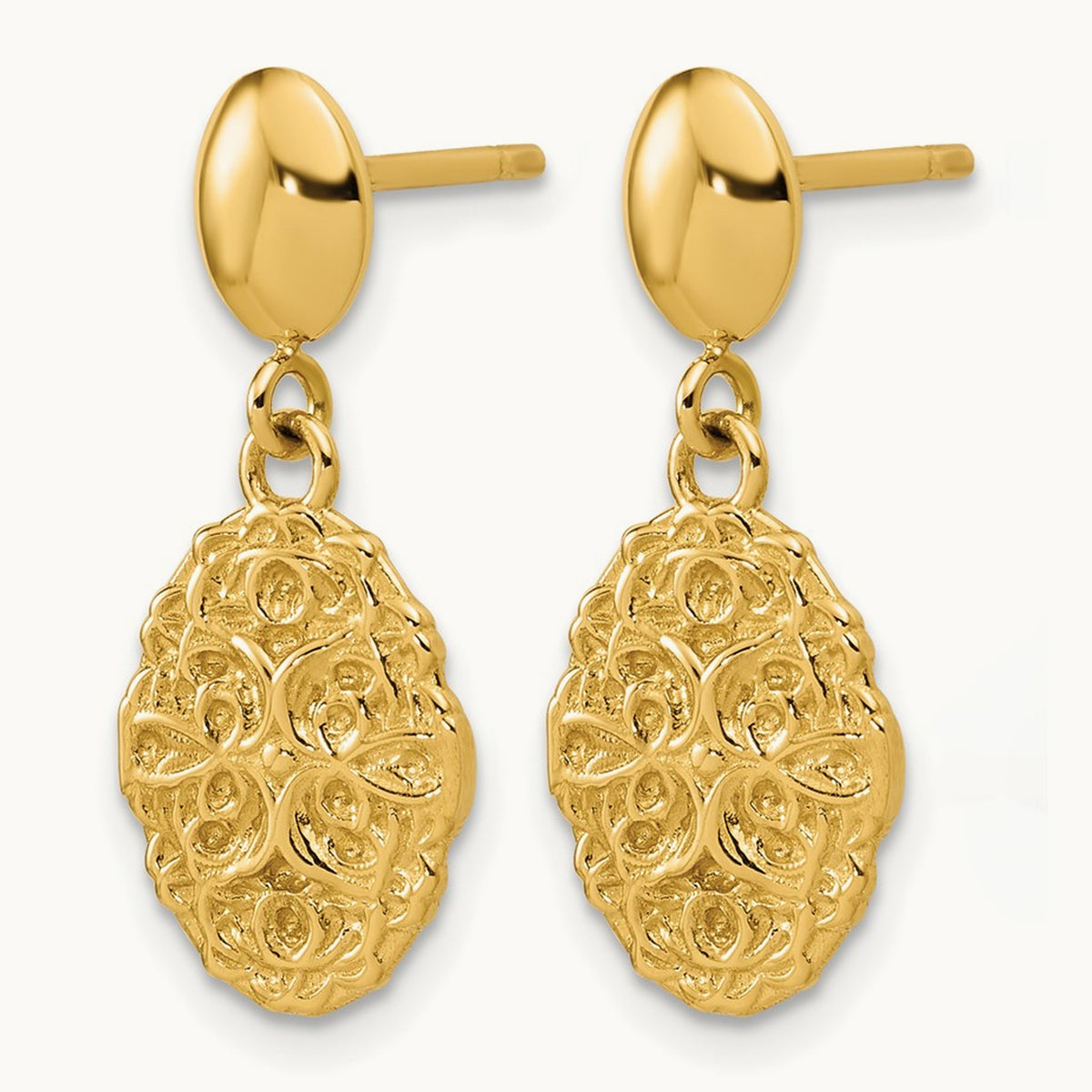 Polished Oval Textured Dangle Post Earrings, 14K — Leslie's