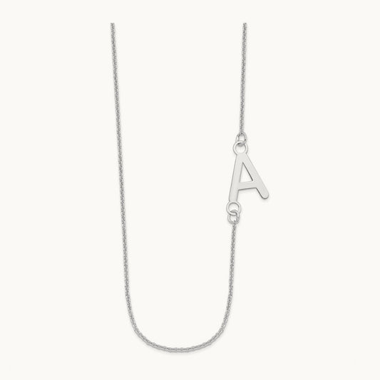 Small Offset Initial Necklace, 14K White Gold