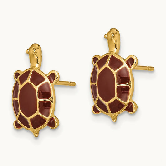 w/ Brown Enamel Sea Turtle Post Earrings, 14K