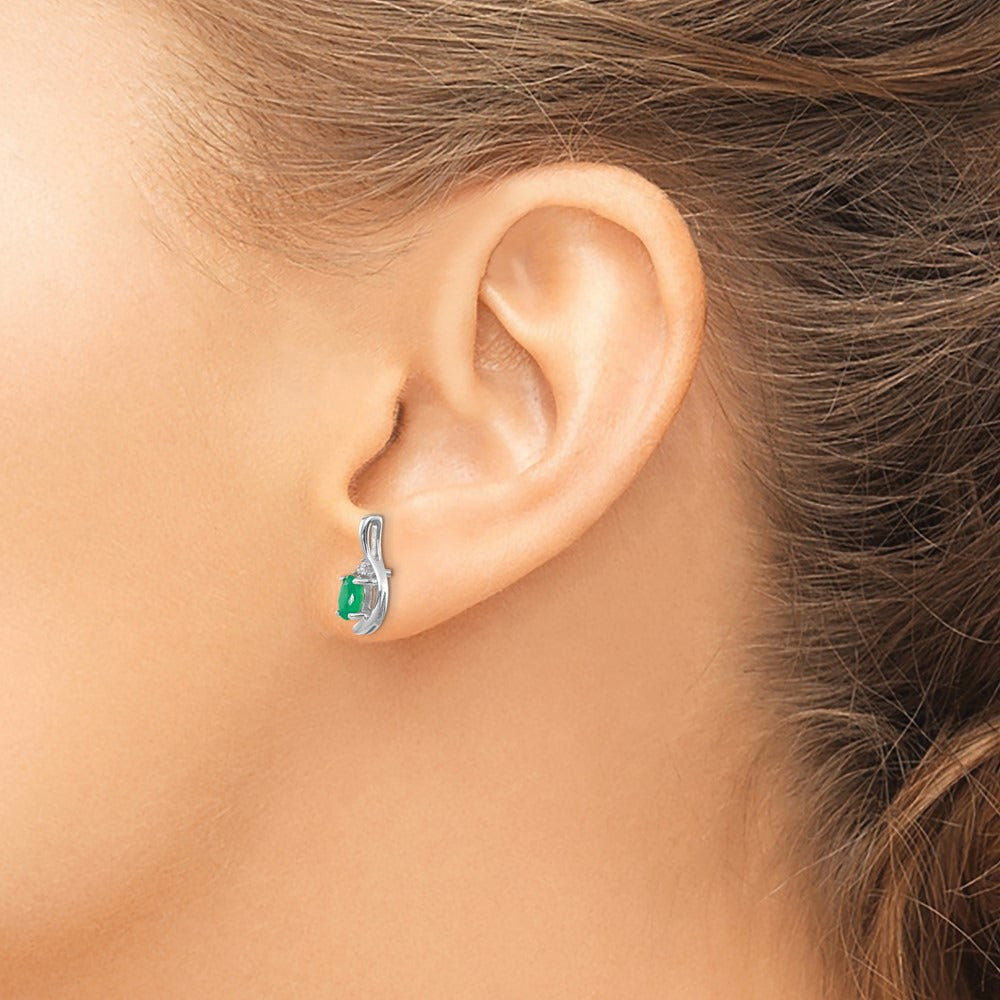 Emerald and Diamond Post Earrings — 14K White Gold