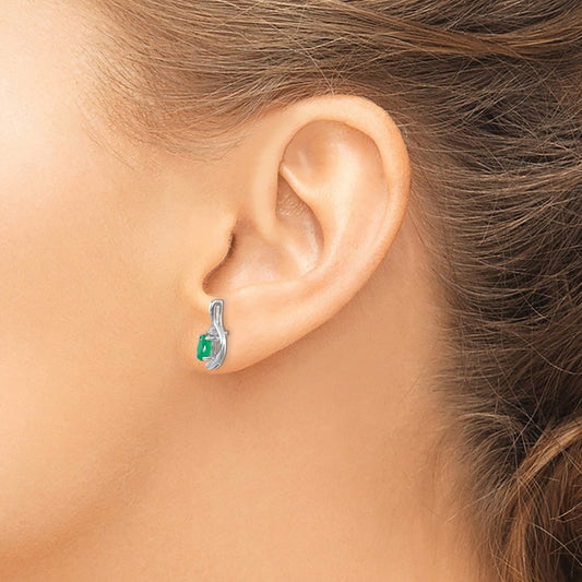 Emerald and Diamond Post Earrings — 14K White Gold