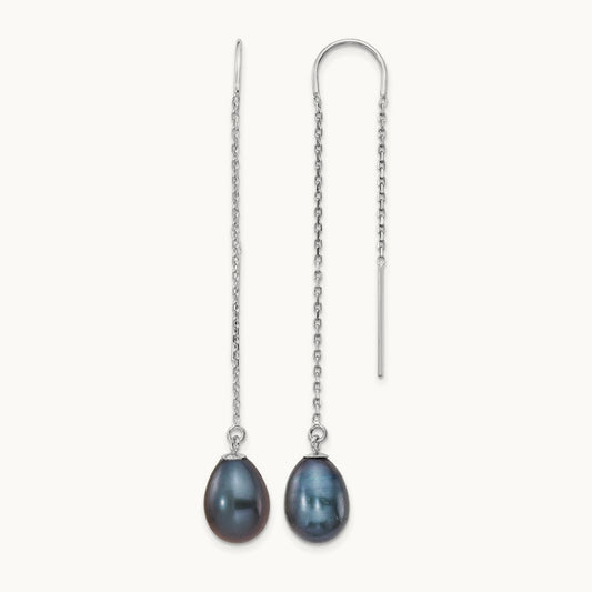 7- Black Teardrop FW Cultured Pearl Threader Earrings, 8mm, 14K White Gold