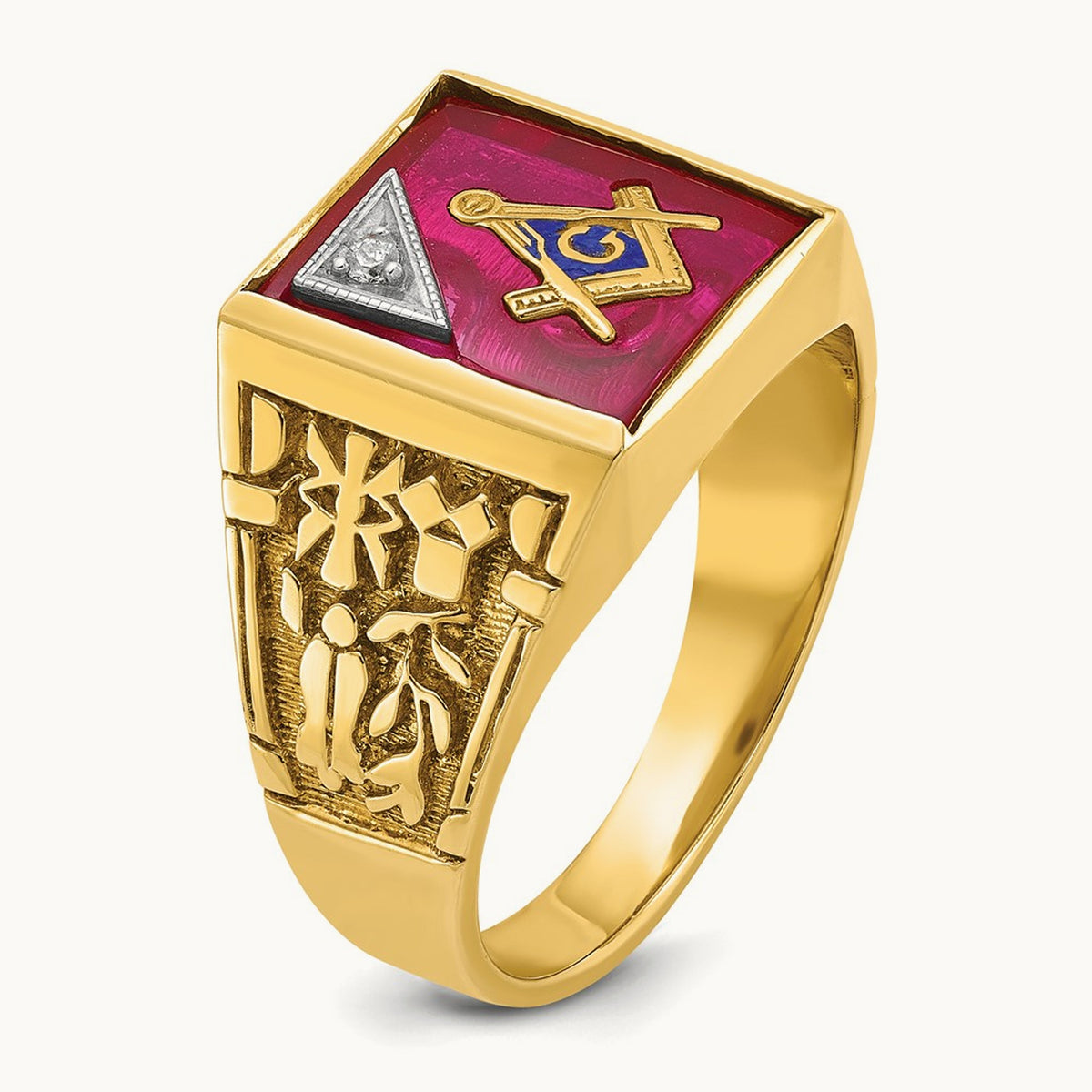 14ktt IBGoodman Men's Lab Cr. Ruby & Dia Blue Lodge Masonic Ring
