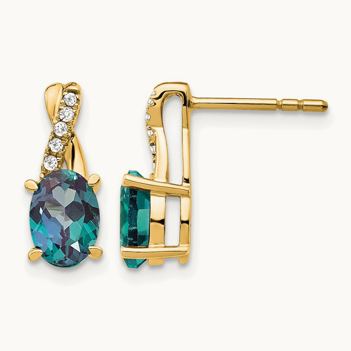 Created Alexandrite and Diamond Earrings, 14K