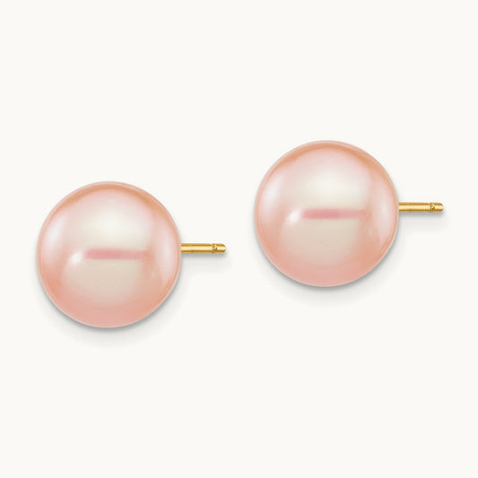 9- Pink Round Freshwater Cultured Pearl Stud Post Earrings, 10mm, 14K