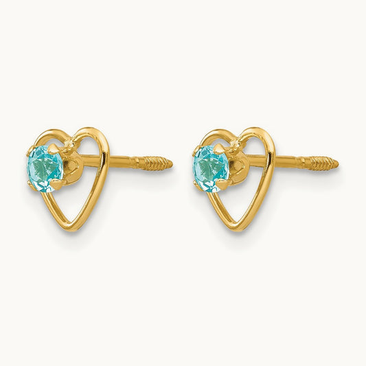 Madi K Genuine Blue Topaz Birthstone Heart Earrings, 3mm, 14K