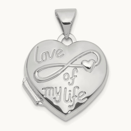 Polished LOVE OF MY LIFE Heart Locket — 14K White Gold