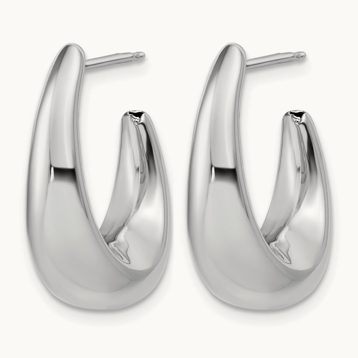 w/Wht Rhodium Plating Polished Hollow J-Hoop Post Earrings, 14K — Leslie's
