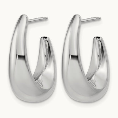 w/Wht Rhodium Plating Polished Hollow J-Hoop Post Earrings, 14K — Leslie's