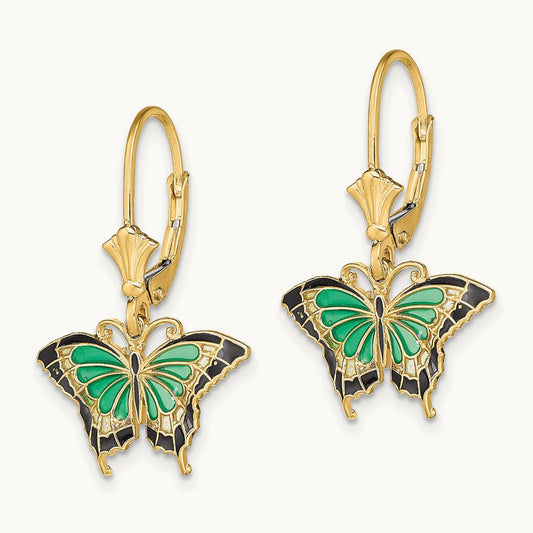 Butterfly w/ Green Enameled Wings Leverback Earrings, 14K