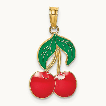 W/ Enamel Cherries With Leaf Charm, 14K