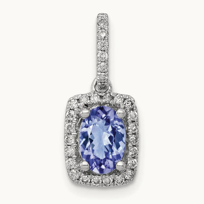 Oval .94 Tanzanite and Diamond Rectangle Pendant, 14K White Gold