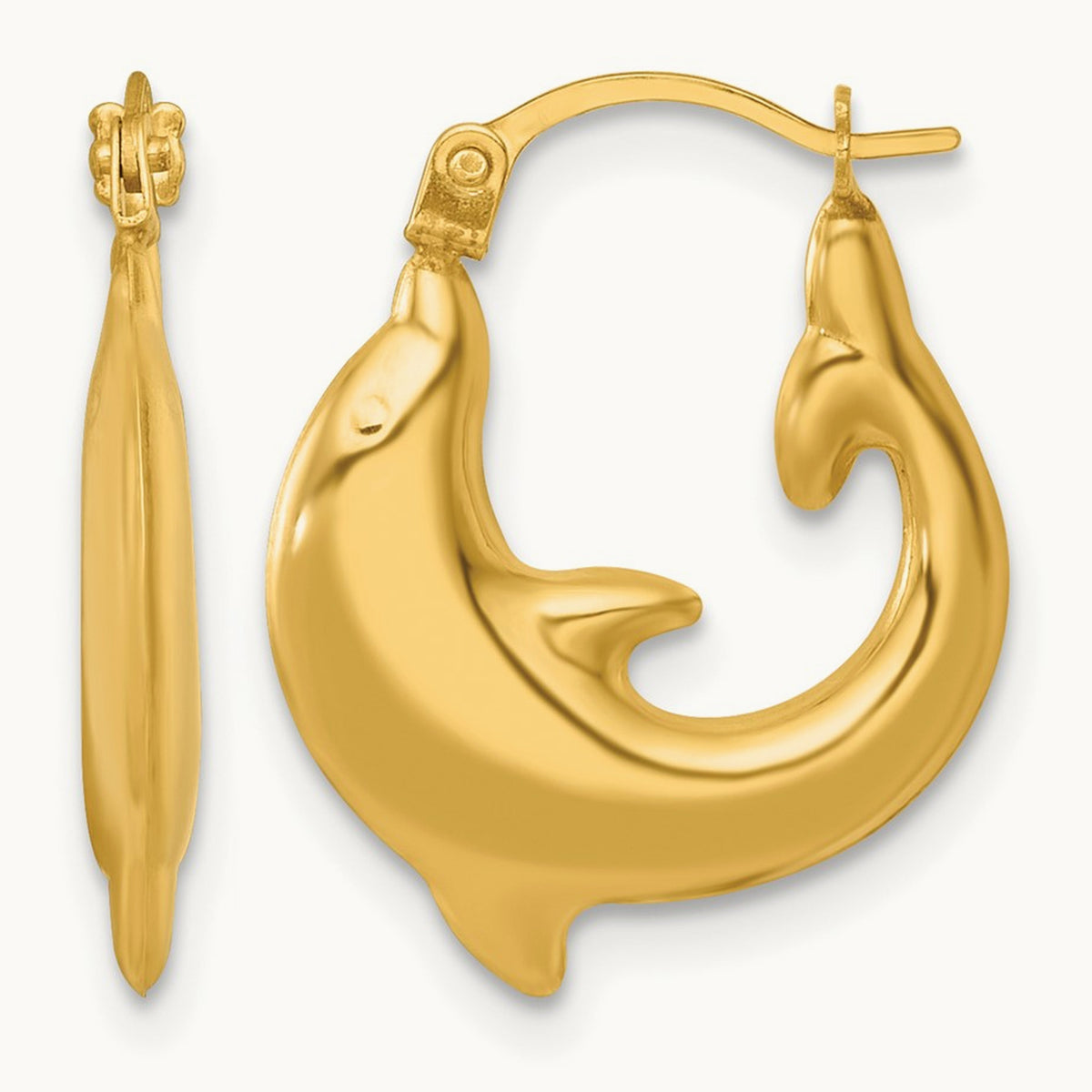 Polished Dolphin Hoop Earrings — 14K Yellow Gold, 15.5mm