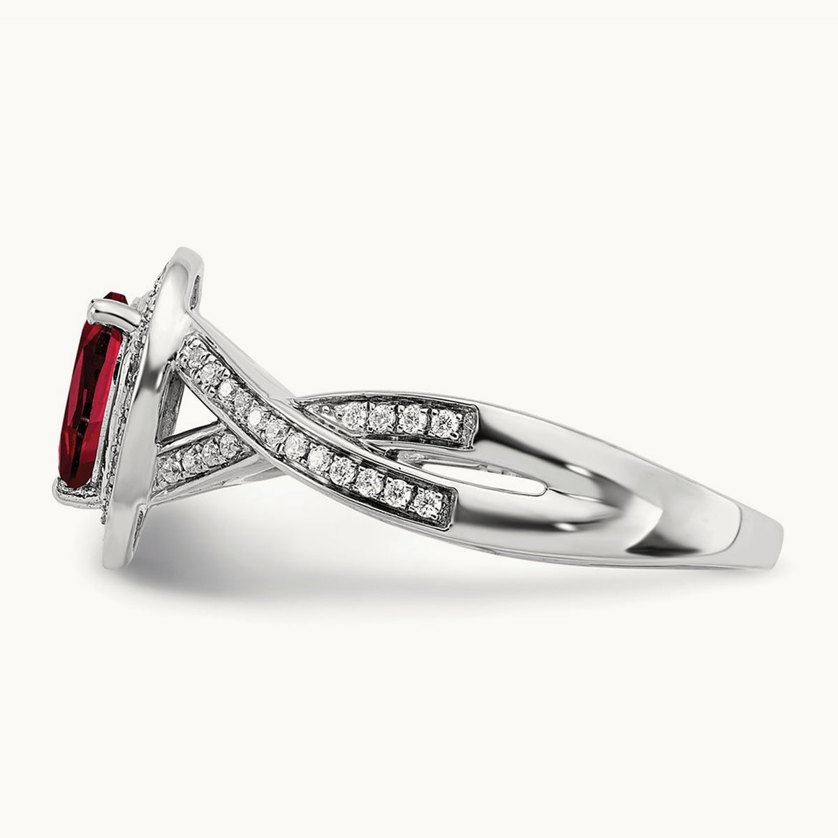 Pear Created Ruby and Diamond Halo Ring, 14K White Gold
