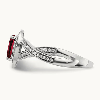 Pear Created Ruby and Diamond Halo Ring, 14K White Gold
