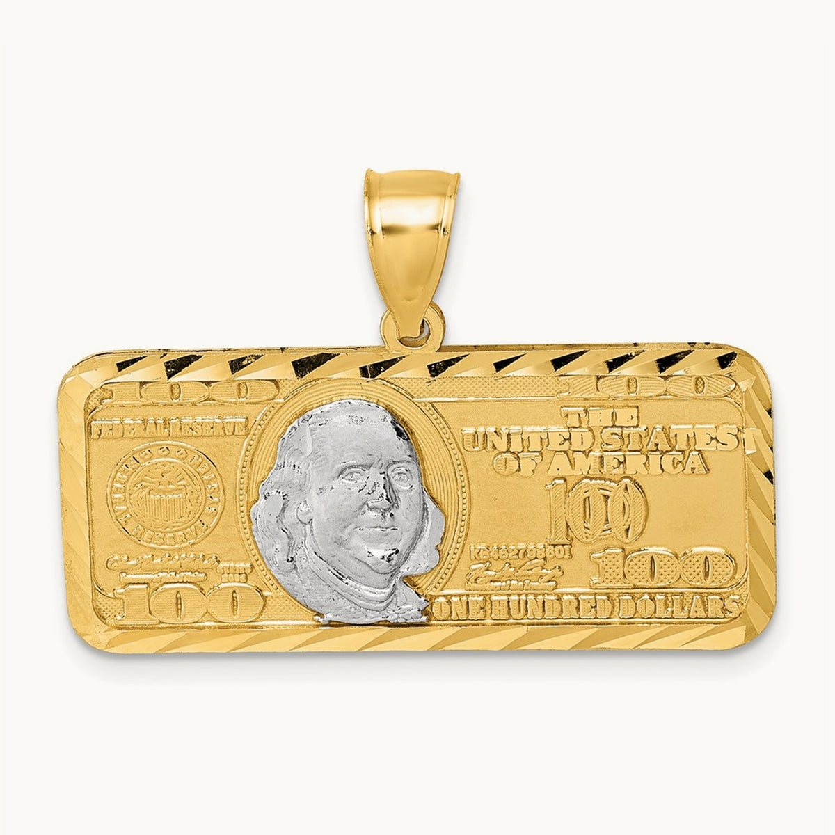 Polished w/Rhodium Diamond-cut 100 Dollar Bill Pendant, 14K