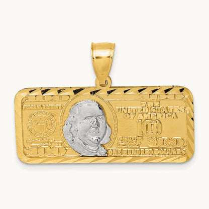 Polished w/Rhodium Diamond-cut 100 Dollar Bill Pendant, 14K