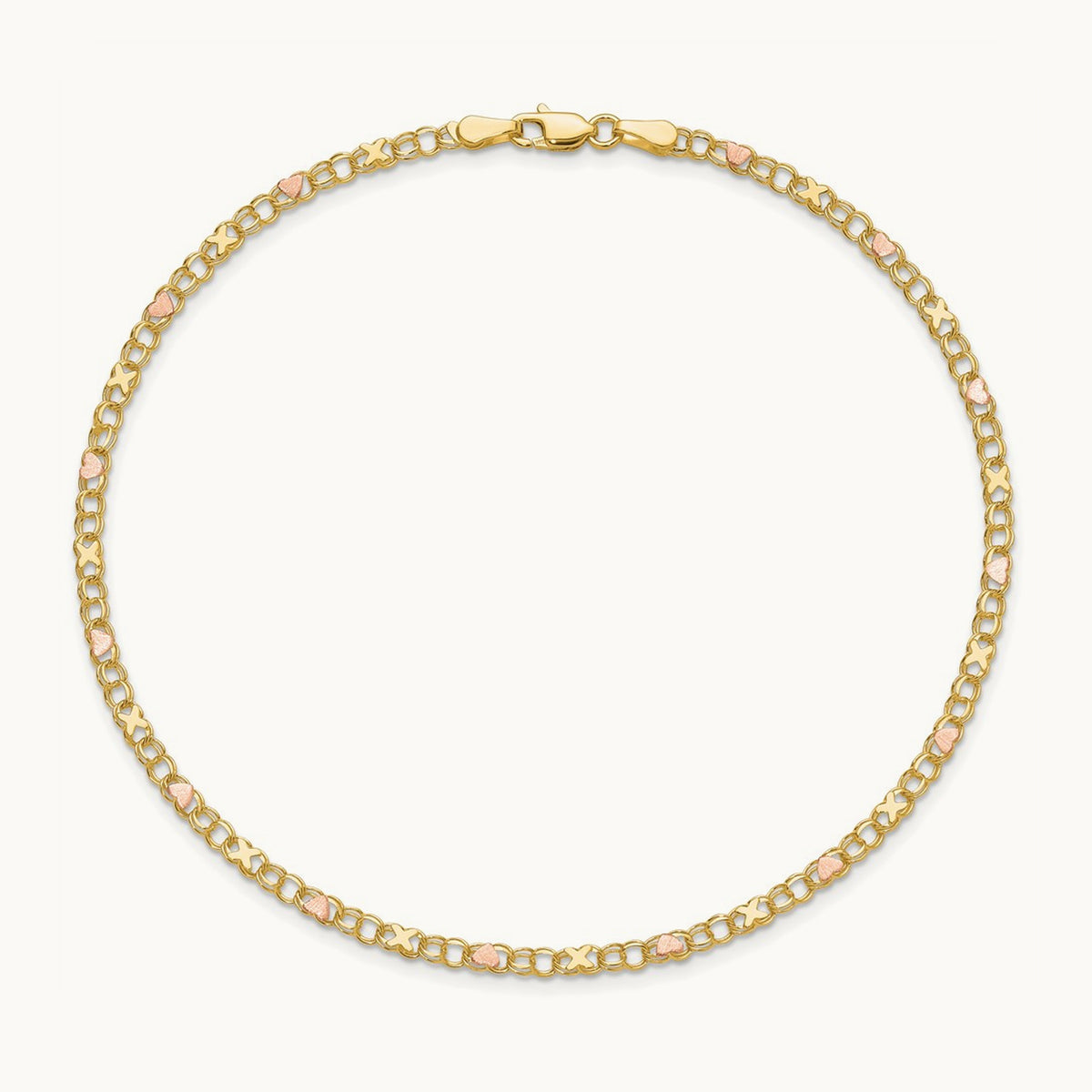 X's and Hearts 10in Anklet, 14K with Rose
