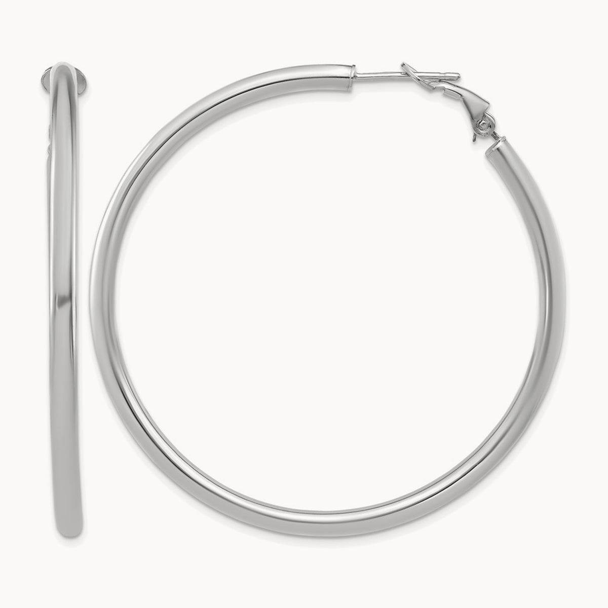 Polished Round Omega Back Hoop Earrings — 14K White Gold, 3x52mm