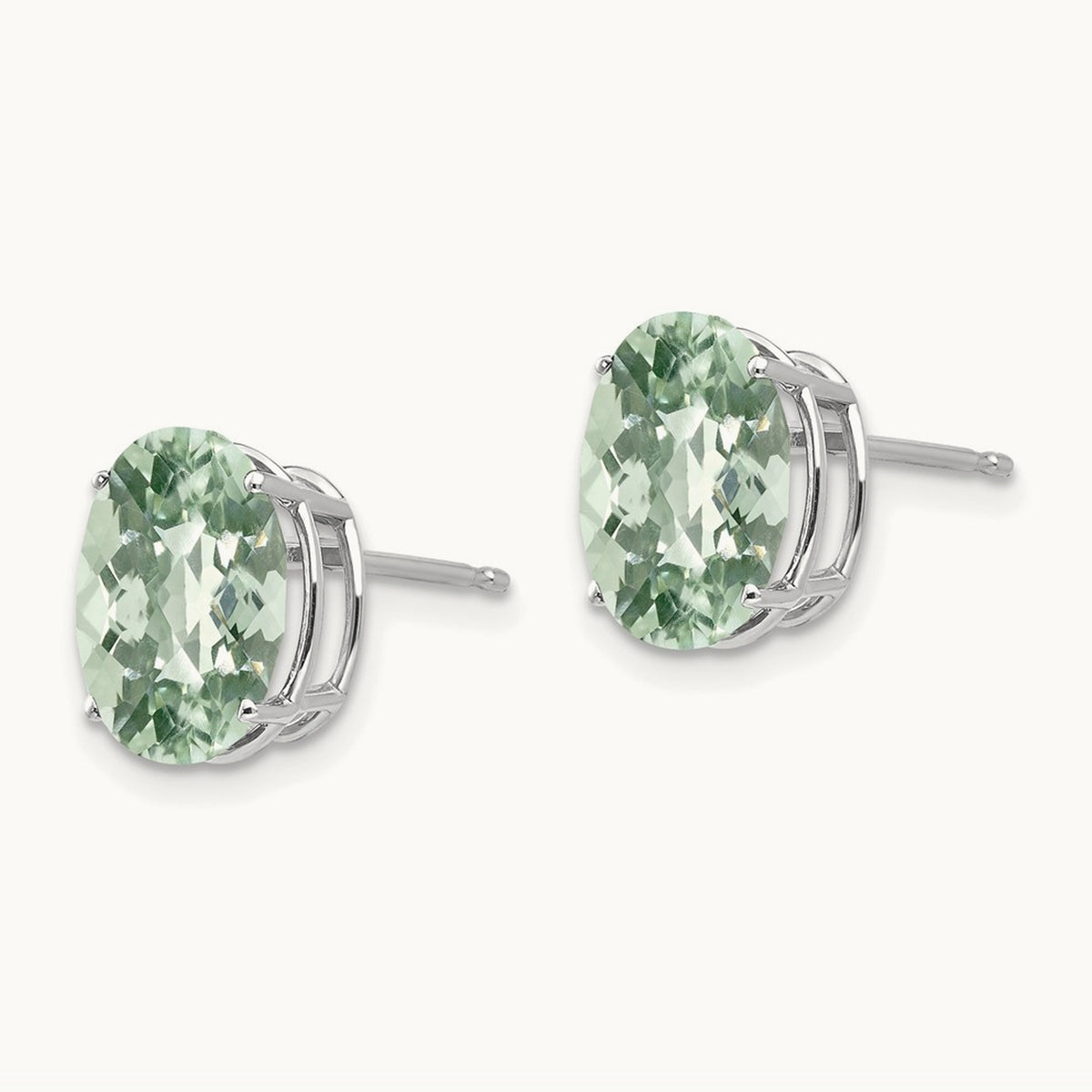 10x8 Oval Checker-Cut Green Quartz Earrings — 14K White Gold