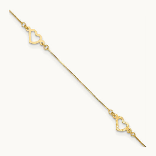 Adjustable Fancy Heart 9in Plus 1in Ext. Anklet, 14K