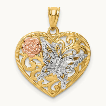 Tri color Butterfly Heart Pendant, 14K