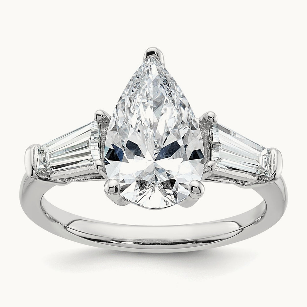 Pear/Baguette Engagement Ring — 14K White Gold, 3 1/3 ct, 7