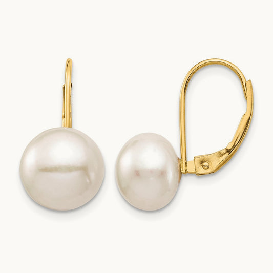 9- White Button Freshwater Cultured Pearl Leverback Earrings, 10mm, 14K