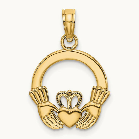 Polished Round Claddagh Charm — 14K Yellow Gold