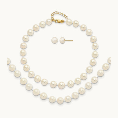 6- FW Cultured Pearl 7.25 w/1 ext Brace 18 w/2 ext Neck Earring Set, 7mm, 14K