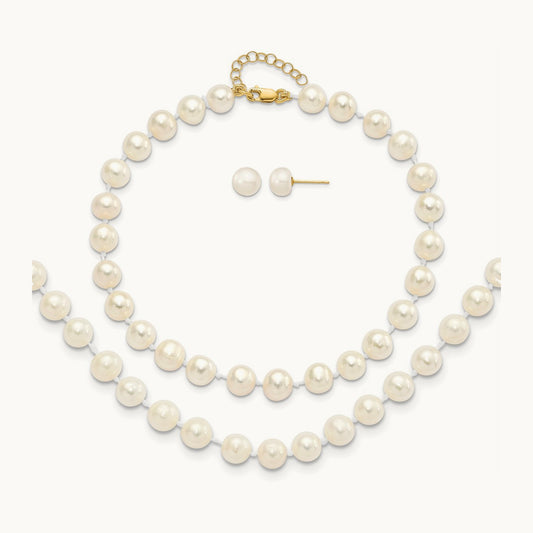 6- FW Cultured Pearl 7.25 w/1 ext Brace 18 w/2 ext Neck Earring Set, 7mm, 14K