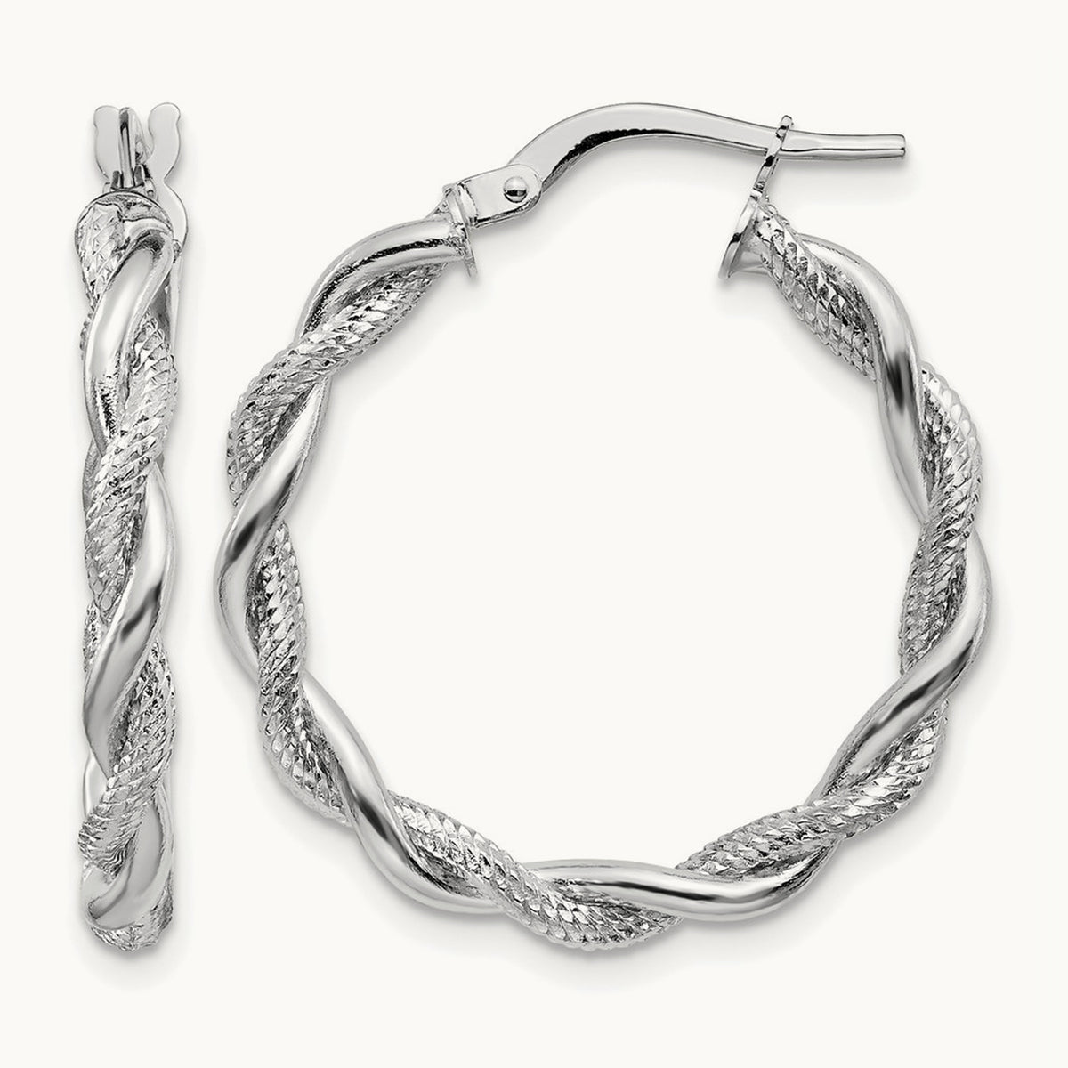 Medium Polished & Diamond-cut Twisted Hoops, 3mm, 14K White Gold