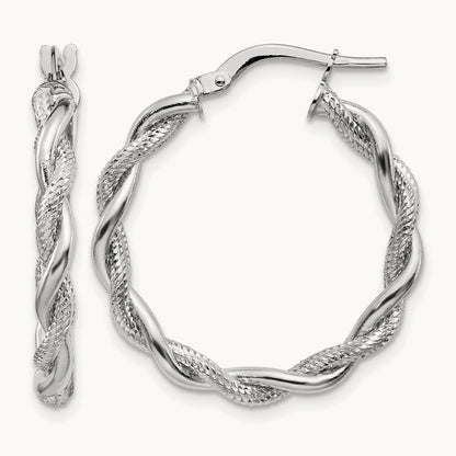 Medium Polished & Diamond-cut Twisted Hoops, 3mm, 14K White Gold