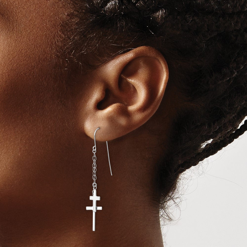 Chain Dangle Cross Shepherd Hook Earrings — 14K White Gold