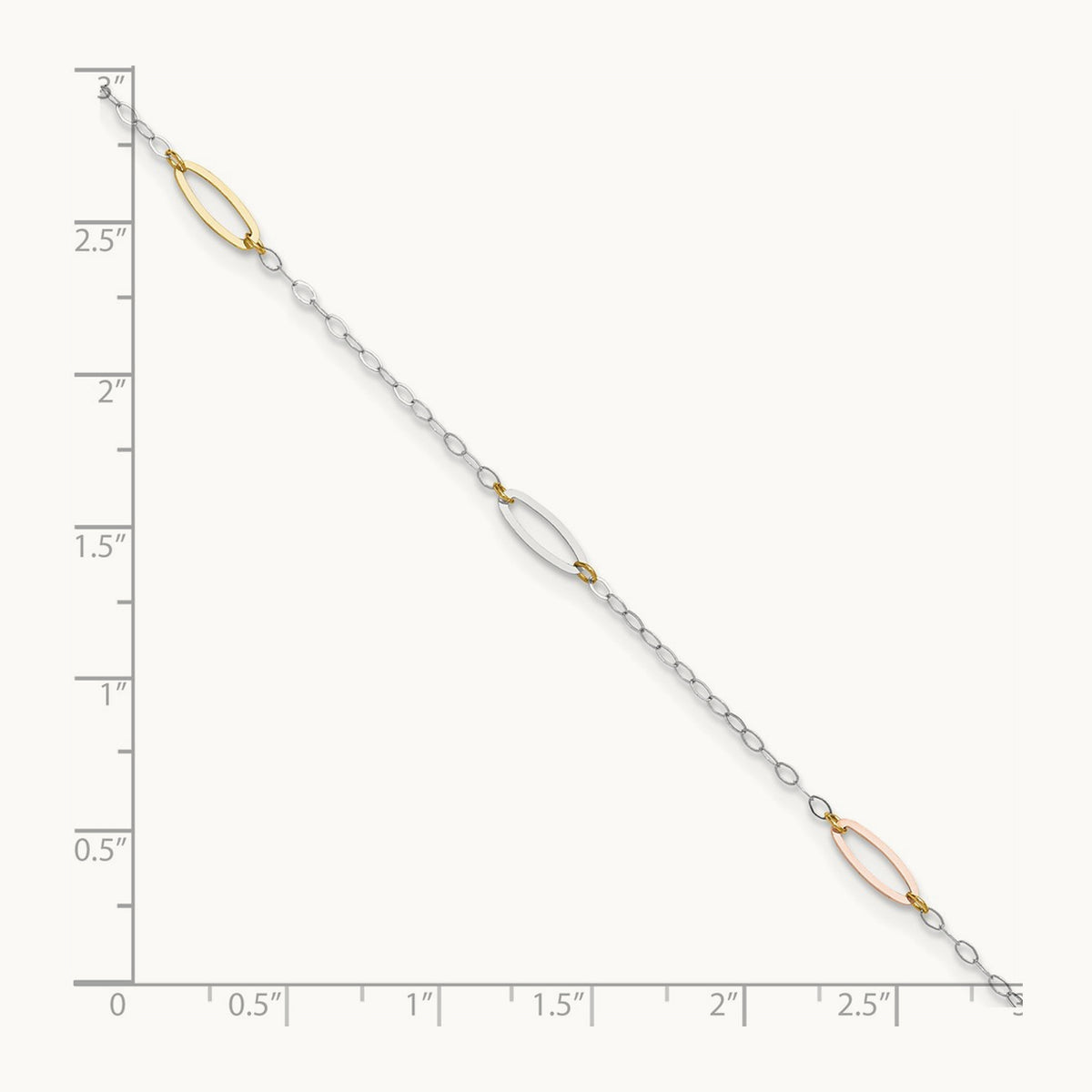 Tri-color Oval Link 9in Plus 1in Ext. Anklet, 14K