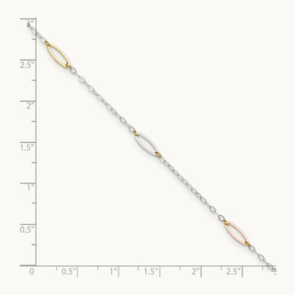 Tri-color Oval Link 9in Plus 1in Ext. Anklet, 14K