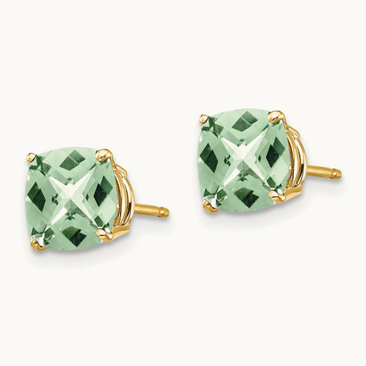 Cushion Checker-Cut Green Quartz Earring, 7mm, 14K