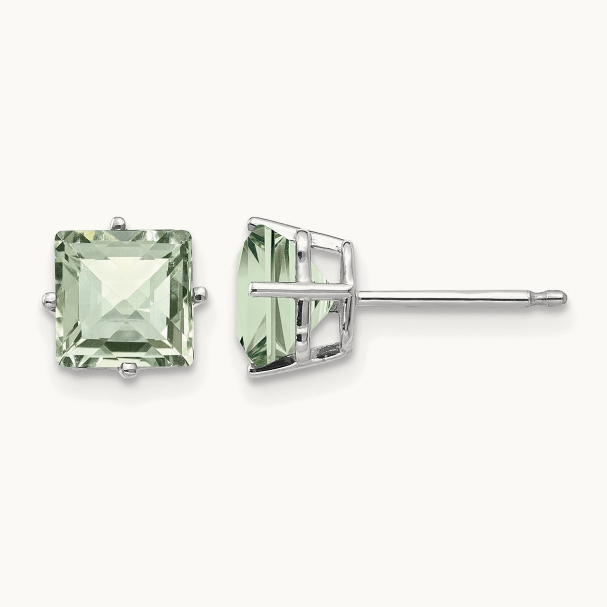 Square Checker-Cut Green Quartz Earrings, 6mm, 14K White Gold