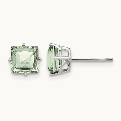 Square Checker-Cut Green Quartz Earrings, 6mm, 14K White Gold