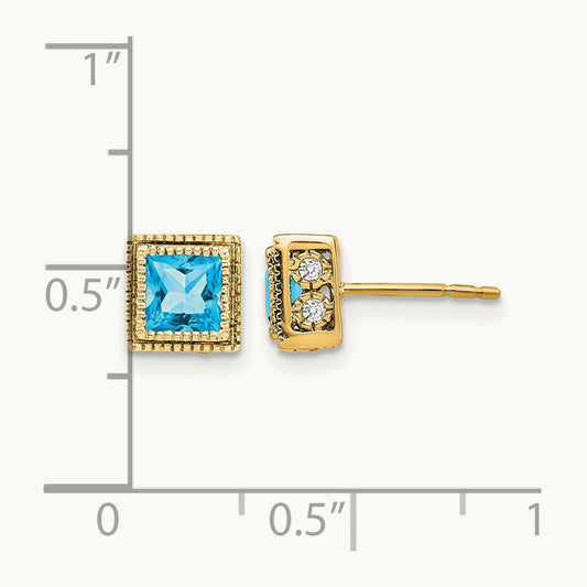 Square Blue Topaz and Diamond Earrings, 14K