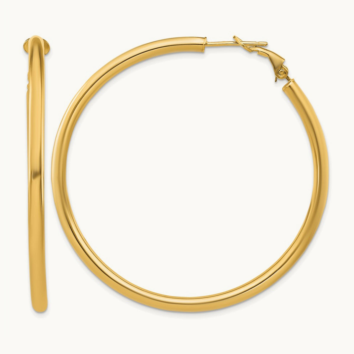 Polished Round Omega Back Hoop Earrings — 14K Yellow Gold, 3x52mm