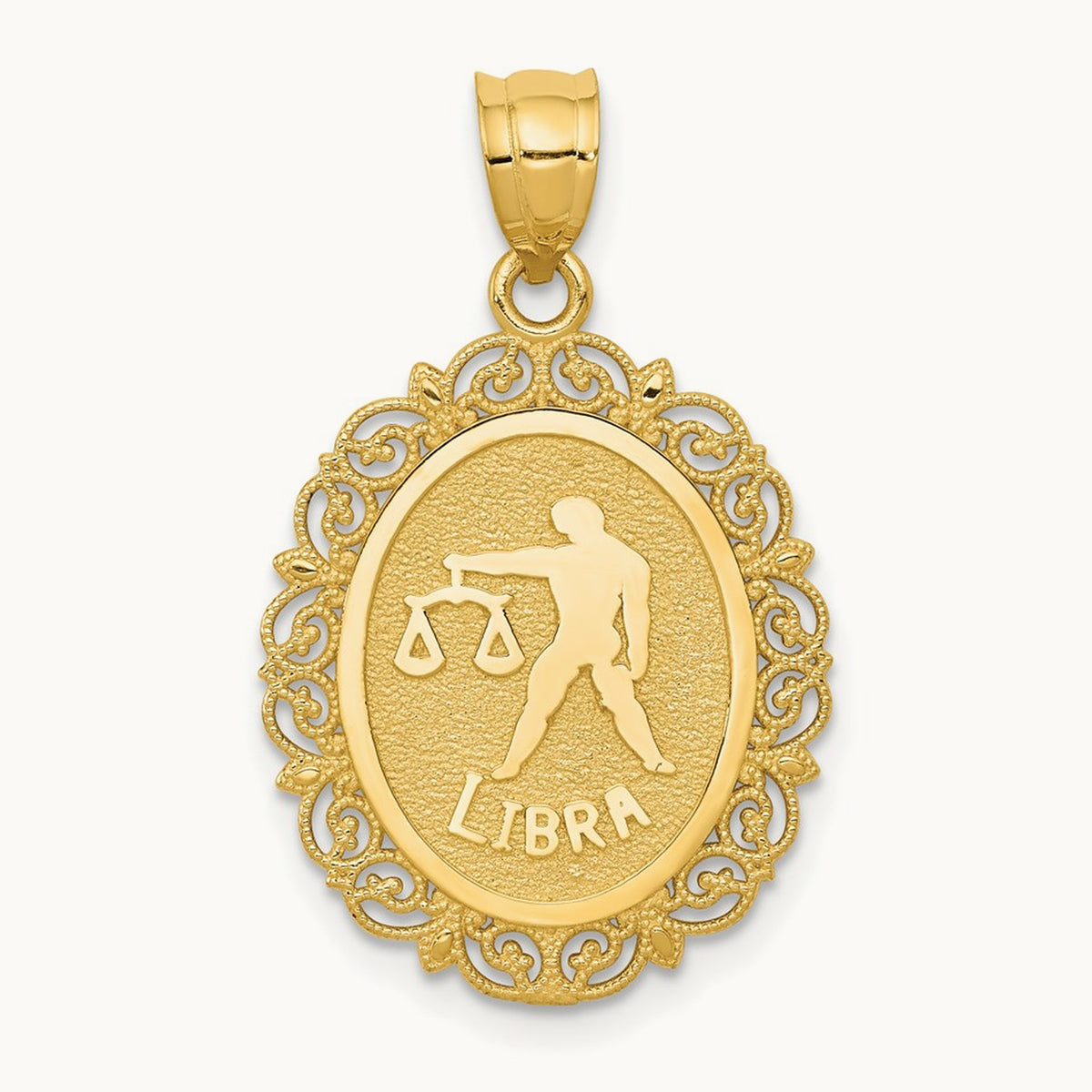 Solid Satin Polished Libra Zodiac Oval Pendant, 14K