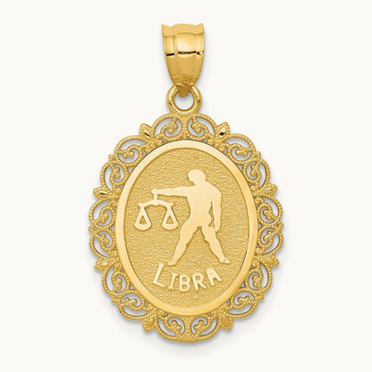 Solid Satin Polished Libra Zodiac Oval Pendant, 14K