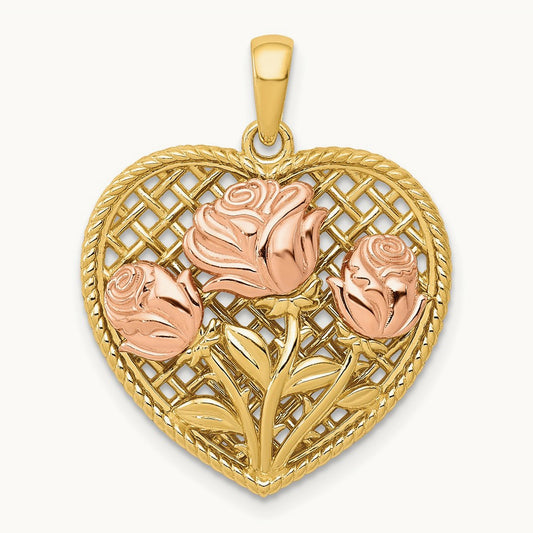 Polished Flowers in Heart Pendant, 14K Two-tone