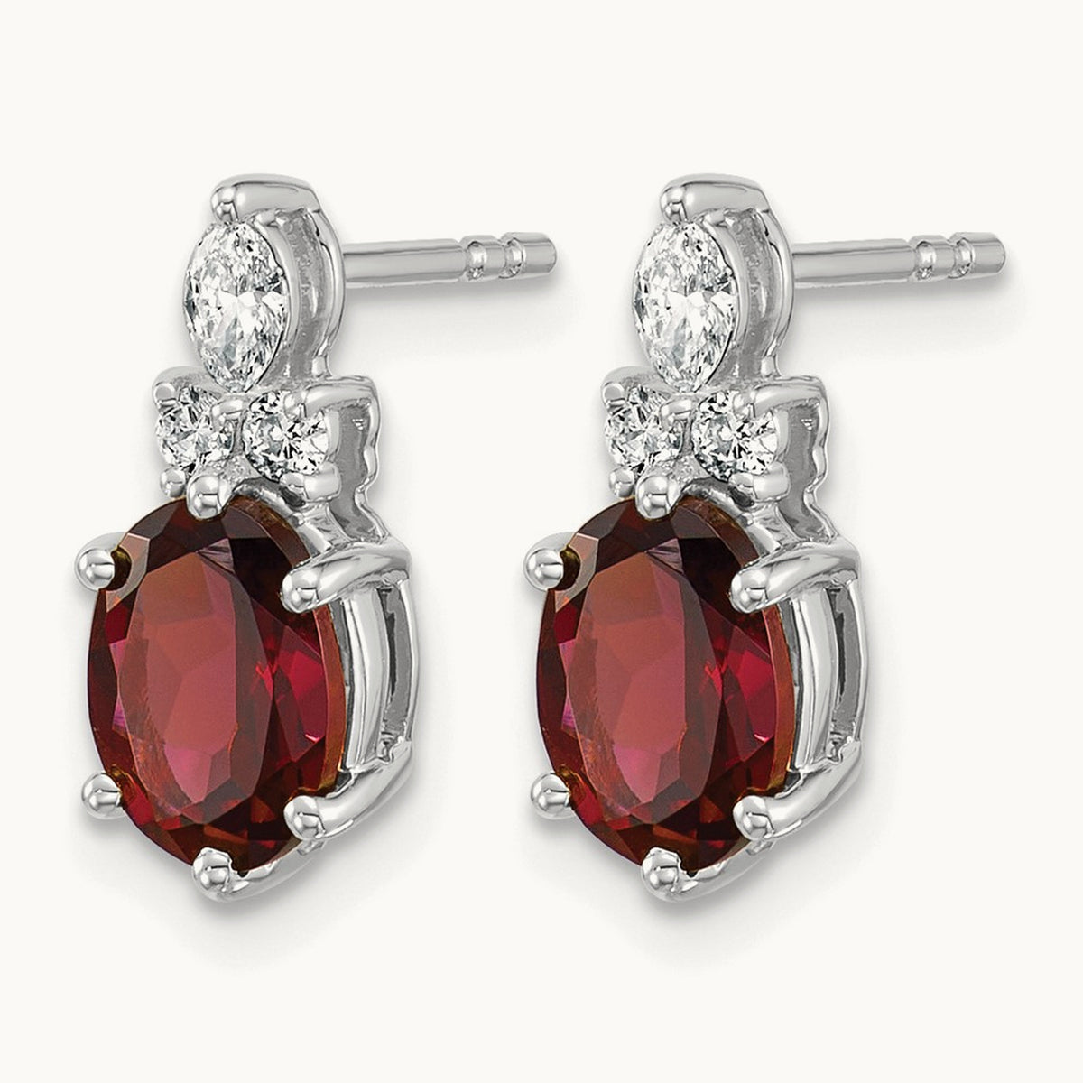 Diamond and Garnet Post Earrings — 14K White Gold