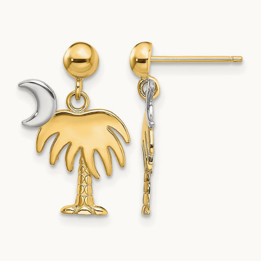 W/ Rhodium Charleston Palm Tree w/ Moon Dangle Earrings, 14K
