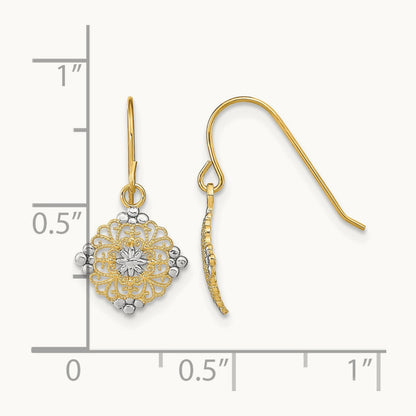 w/Rhodium D/C Center Mini Filigree Medallion Earrings, 14K