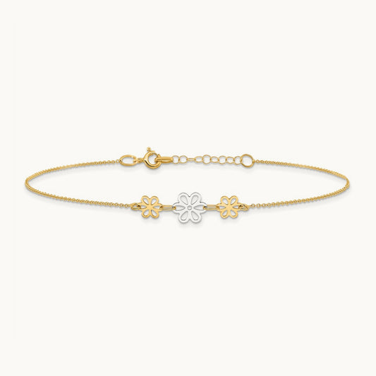 Polished Three Flower 9in Plus 1in ext Anklet, 14K Two-tone