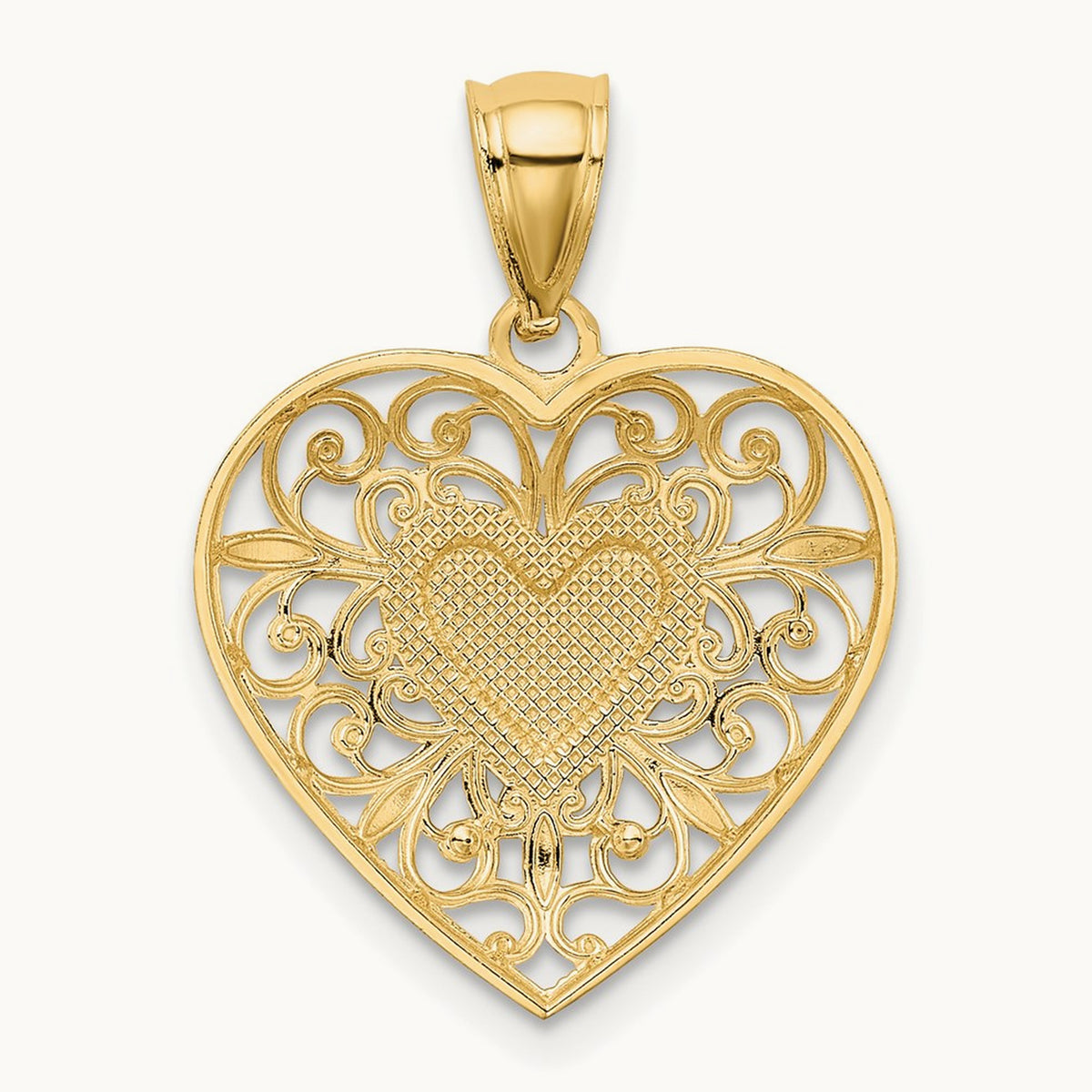 Polished Diamond-cut Filigree Heart Pendant, 14K with White Rhodium