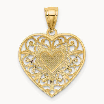 Polished Diamond-cut Filigree Heart Pendant, 14K with White Rhodium
